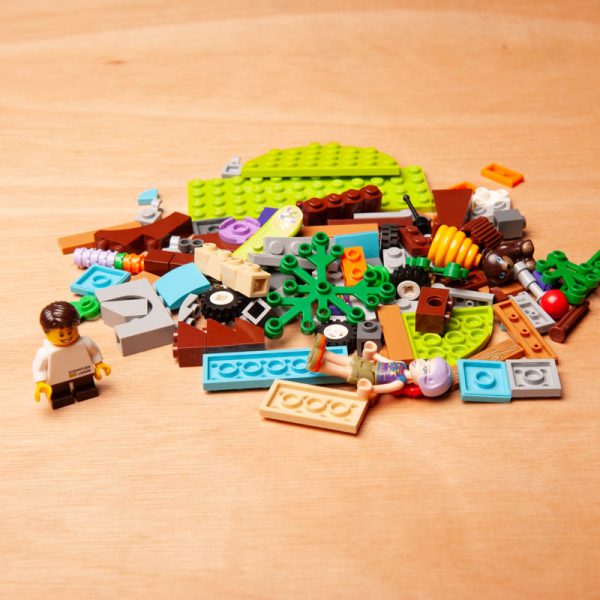 Verschillende LEGO-blokjes liggen verspreid op een tafel, klaar om mee te bouwen.